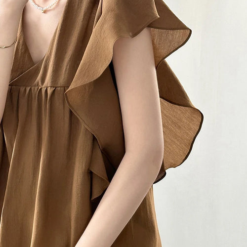 Load image into Gallery viewer, French Style Chic Brown Ruffles Women Blouse Flying Sleeve V-neck Solid Color Fashion Female Blouse Summer Elegant Tops
