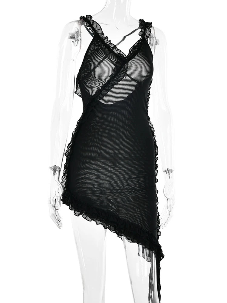 Sexy Double Layer Mesh Ruffles Asymmetrical Women's Dress Draped  Backless Slim Dress Female Party Streetwear 2023 New