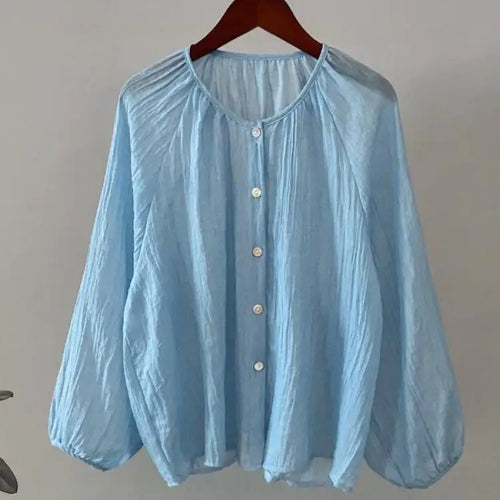Load image into Gallery viewer, Retro Round Neck Blouse Women Spring Summer Solid Pleated Shirt Fashion Holiday Long Sleeve Top 2024 Casual Loose Sun Protection
