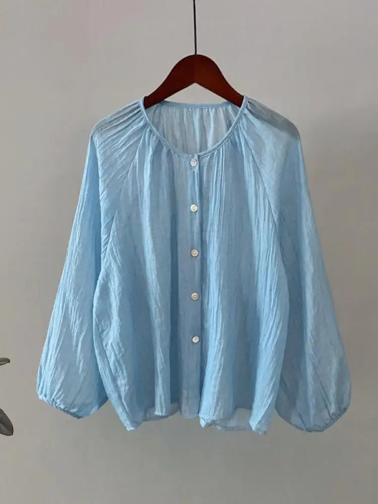 Retro Round Neck Blouse Women Spring Summer Solid Pleated Shirt Fashion Holiday Long Sleeve Top 2024 Casual Loose Sun Protection