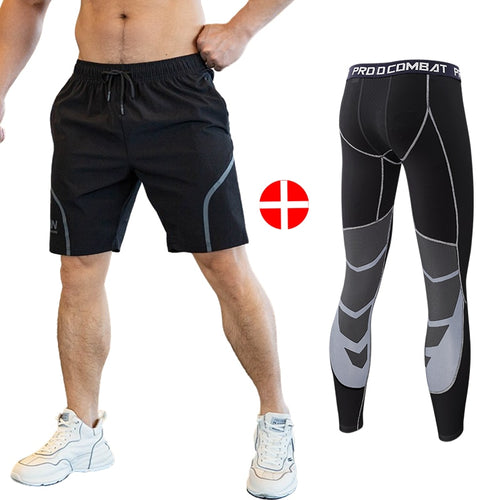 Load image into Gallery viewer, 2pcs Set Men Running Compression Sweatpants Gym Jogging Leggings Basketball Football Shorts Fitness Clothes Tight Sport Pants v1
