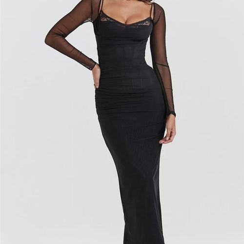 Load image into Gallery viewer, Elegant Sheer Long Sleeve Bodycon Maxi Dress For Women Fashion Mesh Black Strapless Backless Club Party Sexy Dress
