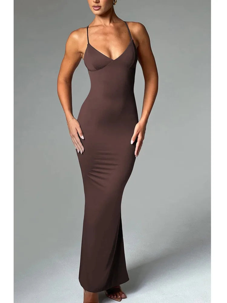 Sexy Sleeveless Slim Fit Pleated Dress For Women Backless Tight Fitting Maxi Vestidos Elegant Party Club Evening Dress