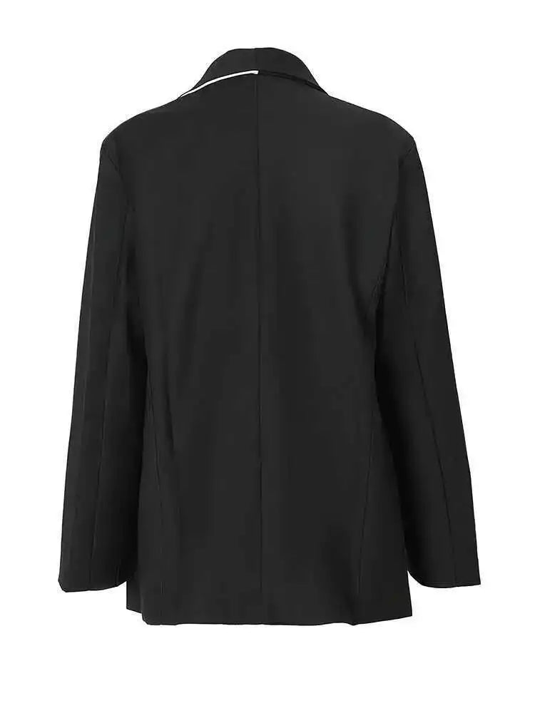 Women Black Ribbon Big Size Color-block Blazer New Lapel Long Sleeve Loose Fit Jacket Fashion Spring Autumn 2025 1DF3066