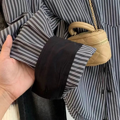 Load image into Gallery viewer, Autumn Vintage Gray Striped Patchwork Single Breasted Shirt Women Casual Loose Long Sleeve Fashion Blouses Tops Streetwear Trend
