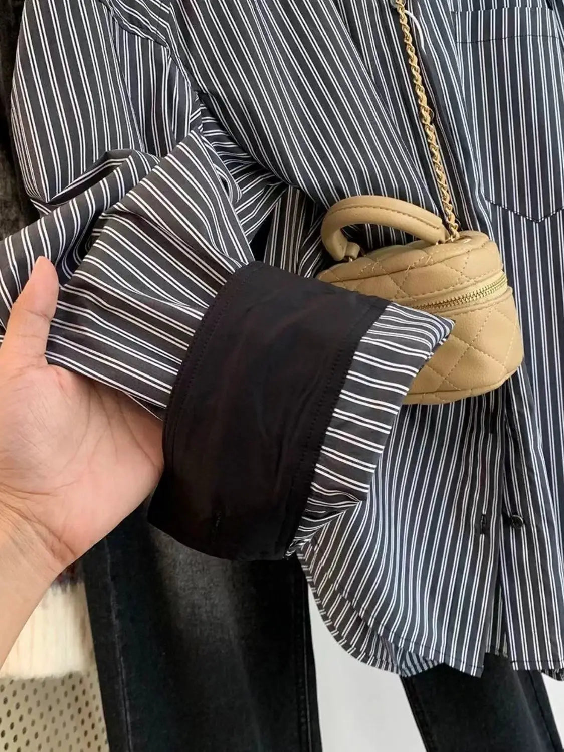 Autumn Vintage Gray Striped Patchwork Single Breasted Shirt Women Casual Loose Long Sleeve Fashion Blouses Tops Streetwear Trend