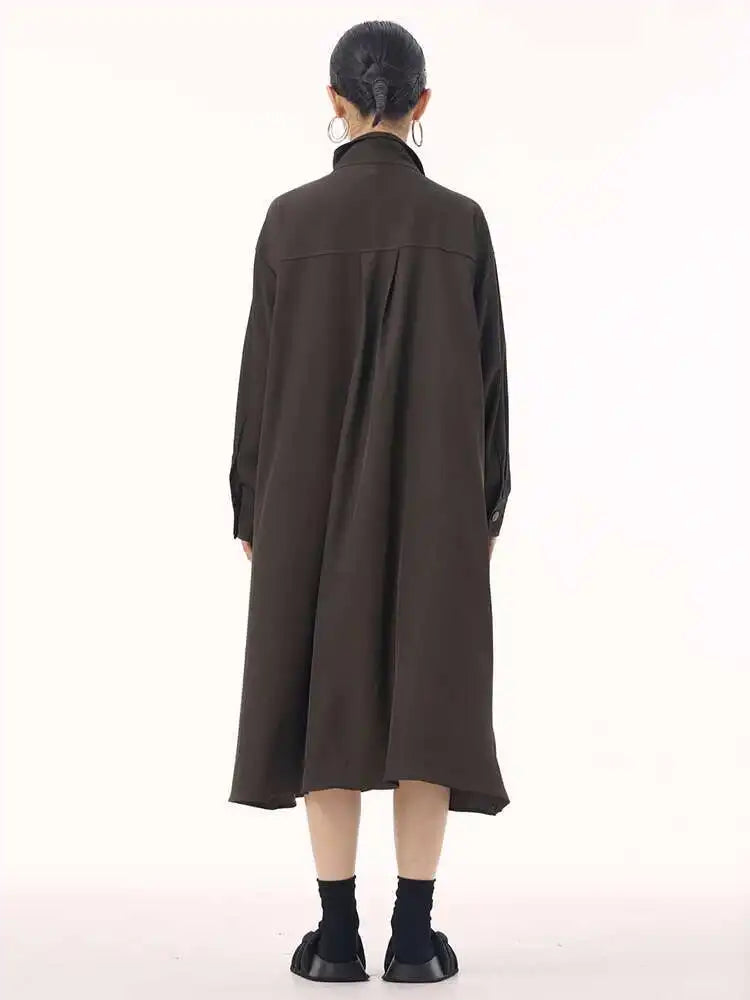 Women Army Green Patch Drawstring Big Size Midi Dress New Stand Collar Long Sleeve Fashion Tide Spring Autumn 2025 1DH9211