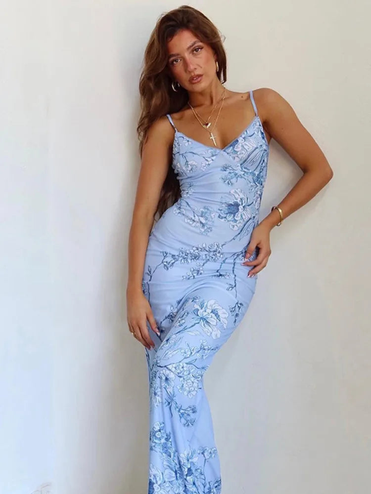 Elegant Sleeveless Printed Satin Summer New Women 2024 Long Skirt Holiday Style Design Sensation Slim Strap Dress Female