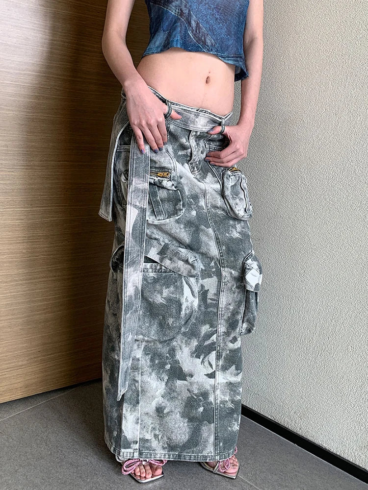 Slim Temperament Skirts For Women High Waist Spliced Pocket Casual Camouflage Vintage Skirt Female Fashion Clothing
