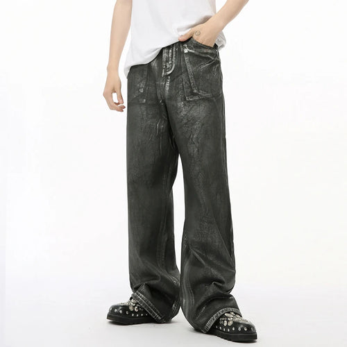 Load image into Gallery viewer, High Street Men&#39;s Denim Pants Glossy Washed Worn-out Trousers Loose Straight Wide Leg Male Jeans Personality Menwear 9C7211
