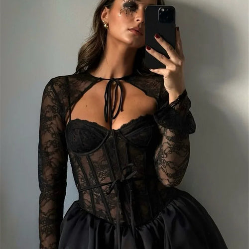 Load image into Gallery viewer, Black Lace Puffball Sexy Mini Dress For Women Fashion Lace-up Sheer Long Flare Sleeve High Waist Club Party Dress

