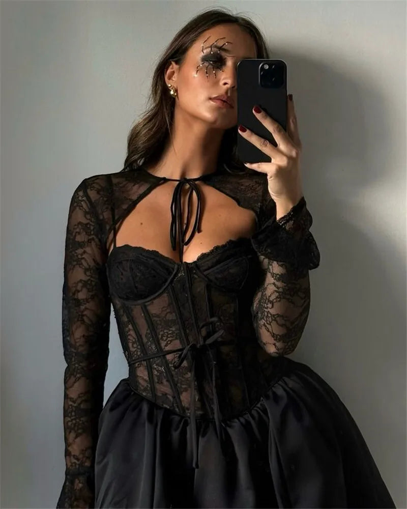 Black Lace Puffball Sexy Mini Dress For Women Fashion Lace-up Sheer Long Flare Sleeve High Waist Club Party Dress