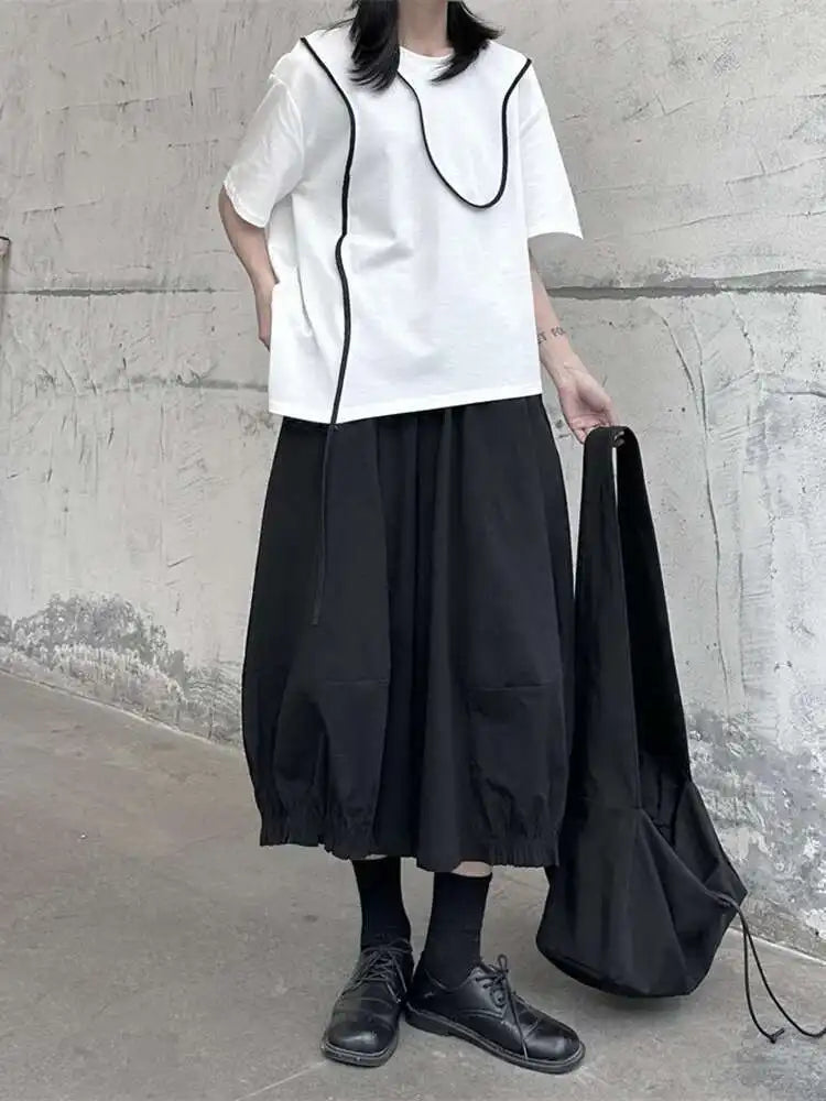 Women Black Color-block Irregular Big Size T-shirt New Round Neck Short Sleeve Fashion Tide Spring Summer 2025 1DF9655