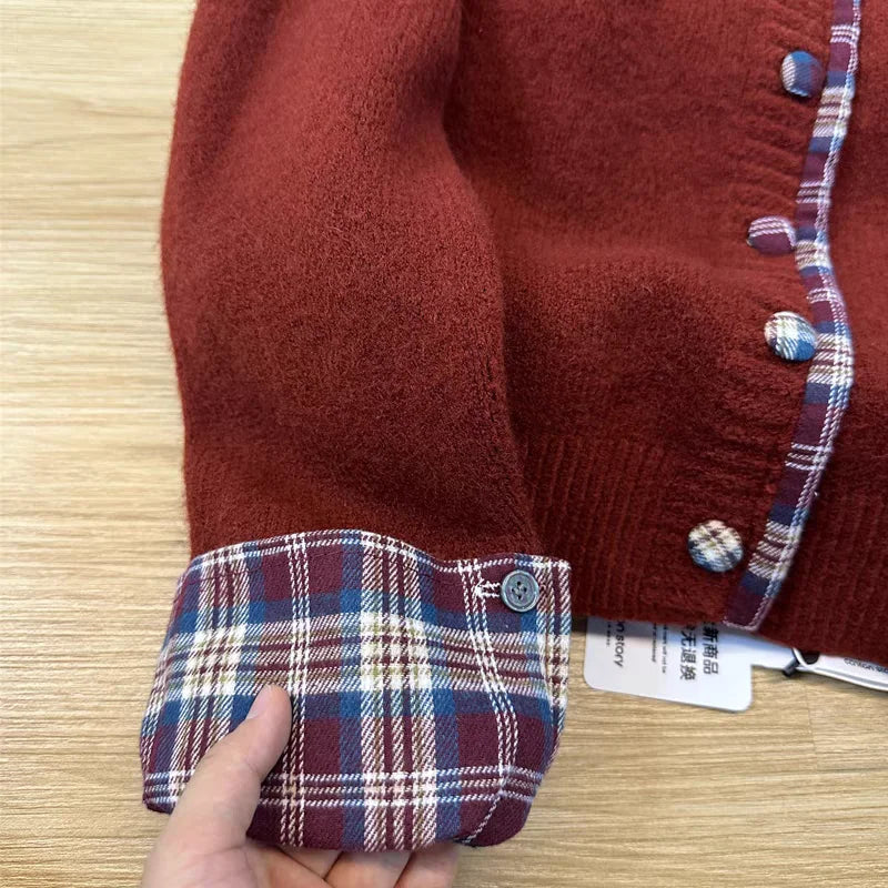 Autumn Winter Grey Patchwork Plaid Elegant Short Knitted Sweater Korean Women's Red Round Neck Long Sleeved Button Cardigan Tops