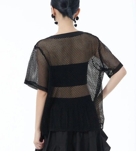 Women Black Grid Hollow Out Irregular Big Size T-shirt New Round Neck Short Sleeve Fashion Tide Spring Summer 2025 1DJ1602