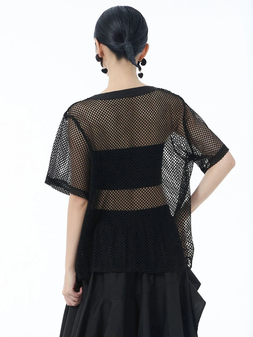 Women Black Grid Hollow Out Irregular Big Size T-shirt New Round Neck Short Sleeve Fashion Tide Spring Summer 2025 1DJ1602