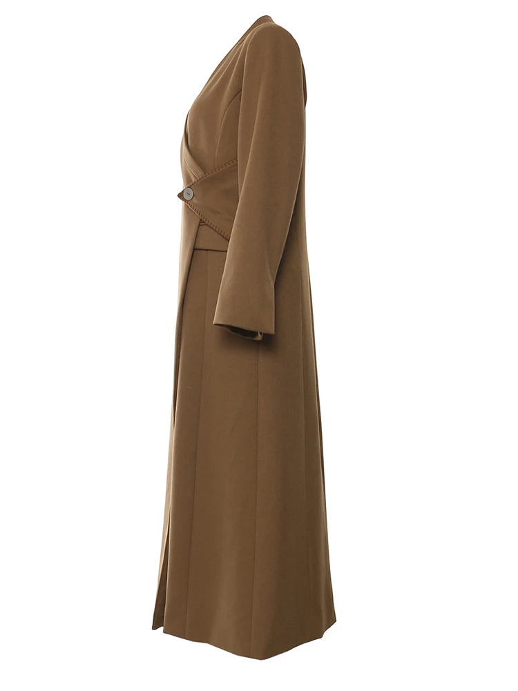 Women Brown Irregular Single Button Long Elegant Blazer New V-neck Long Sleeve Jacket Fashion Spring Autumn 2025 1DH6489