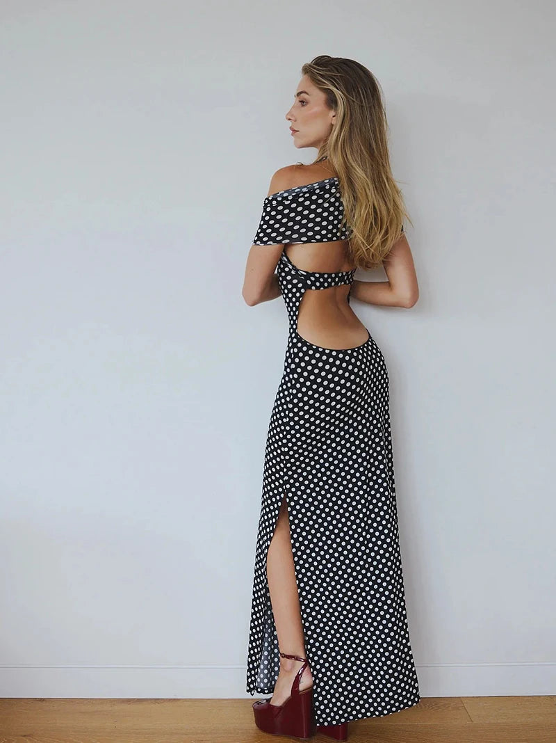 Off-shoulder Polka Dot Maxi Dress For Women Gown Fashion Halter Sleeveless Backless bodycon Split Long Dress Elegant