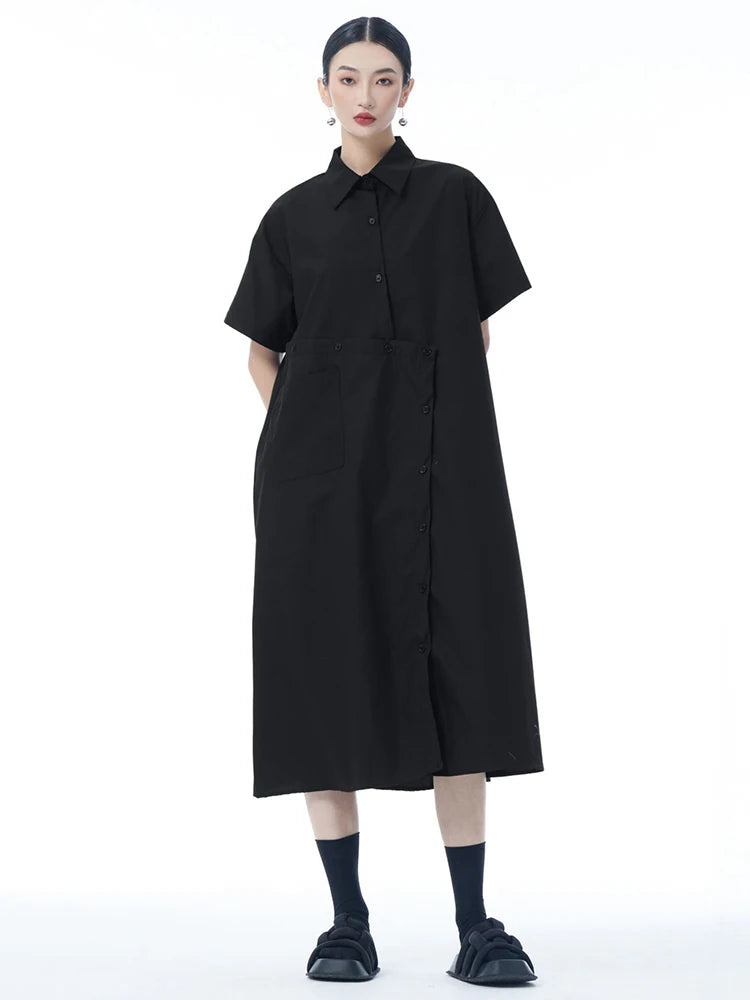 Women Black Irregular Button Big Size Midi Shirt Dress New Lapel Short Sleeve Fashion Tide Spring Summer 2025 1DJ0954