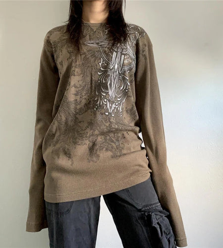 Vintage Graphic T Shirt y2k Aesthetic Women Print Round Neck Long Sleeve Tops 2000s Fairy Grunge Clothes Streetwear