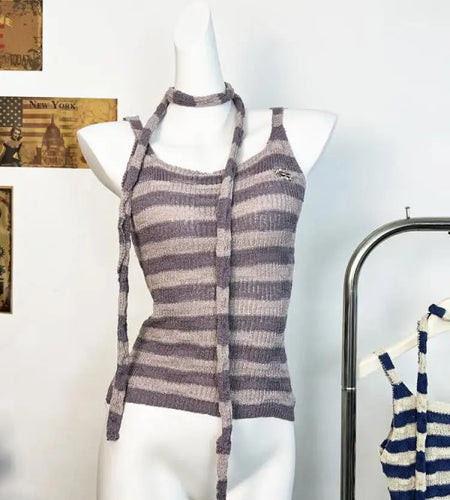 Retro Women's Summer Purple Striped Slim Sexy Knit Vest Tops Korean Ladies Blue Patchwork Sleeveless Short Pullover Tank Popular