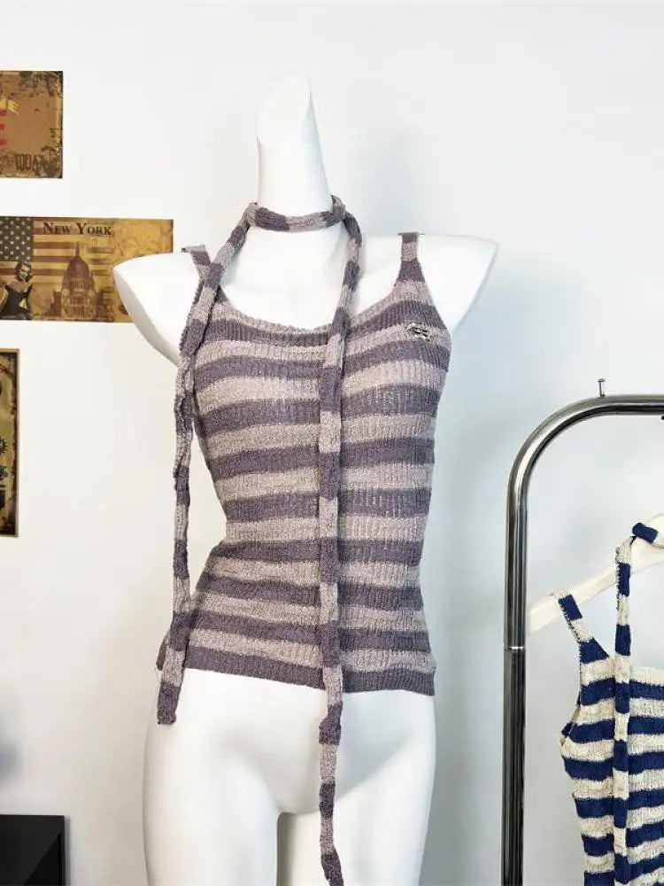 Retro Women's Summer Purple Striped Slim Sexy Knit Vest Tops Korean Ladies Blue Patchwork Sleeveless Short Pullover Tank Popular