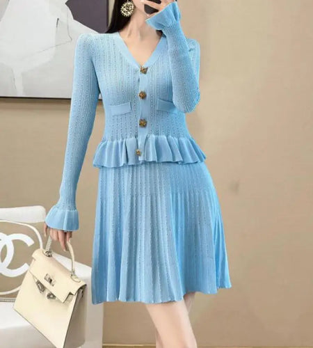 French Retro Women Black White V Neck Elegant Slim Long Sleeved Ruffles Dress Spring Single Breasted Office Knitted Short Dress