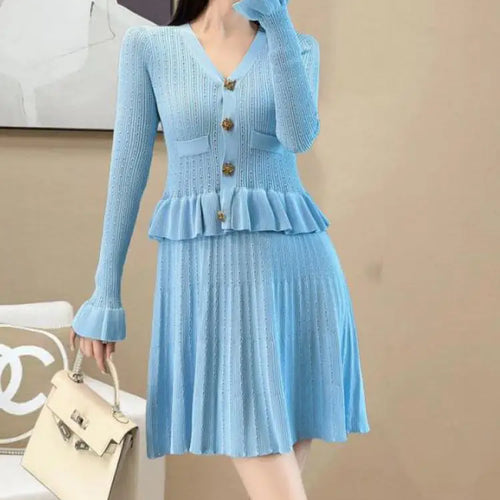 Load image into Gallery viewer, French Retro Women Black White V Neck Elegant Slim Long Sleeved Ruffles Dress Spring Single Breasted Office Knitted Short Dress
