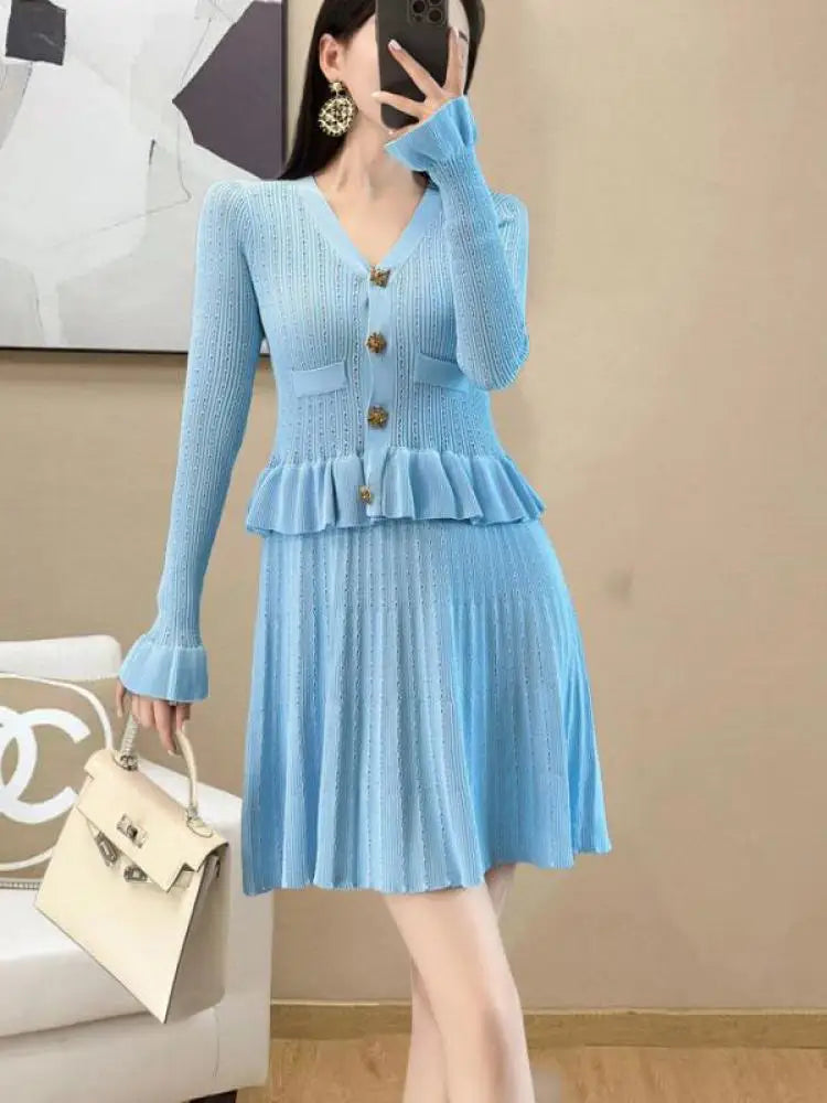 French Retro Women Black White V Neck Elegant Slim Long Sleeved Ruffles Dress Spring Single Breasted Office Knitted Short Dress