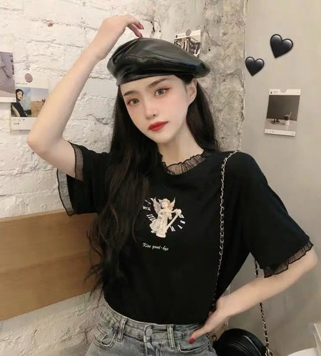 Shirts for Women Patchwork Lace Summer Tshirts Fake Two Tees 2024 Ropa Mujer Cartoon Print Fashion Casual Sweet T Shirt Tops