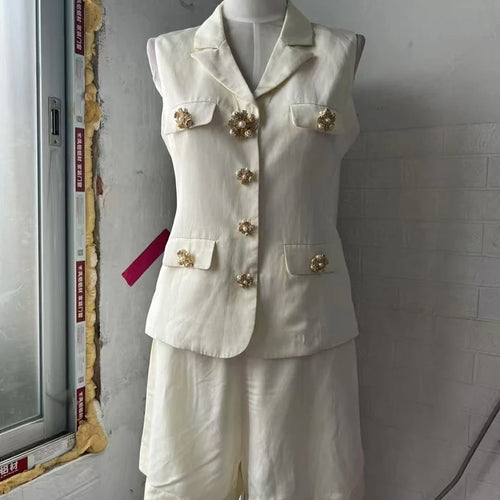 Load image into Gallery viewer, Solid Two Piece Set For Women V Neck Sleeveless Spliced Button Vest High Waist Shorts Slimming Sets Female Clothes
