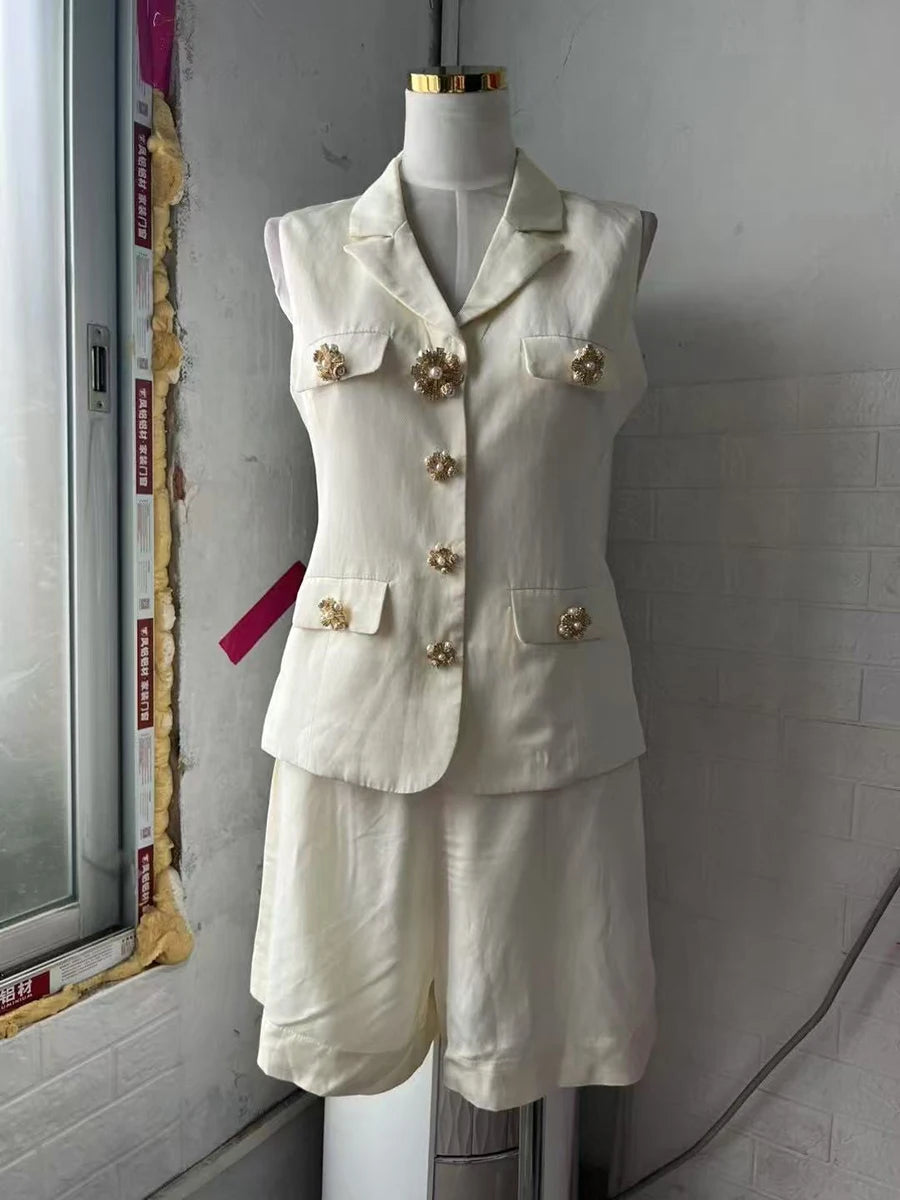 Solid Two Piece Set For Women V Neck Sleeveless Spliced Button Vest High Waist Shorts Slimming Sets Female Clothes