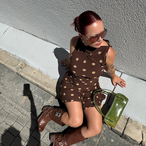 Load image into Gallery viewer, Sleeveless Polka Dot Dress For Woman Fashion Brown Print Mesh O Neck Ruched Mini Dress Elegant Irregular Dresses
