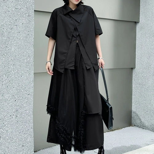 Load image into Gallery viewer, Big Size Black Irregular Shirt Mesh Pants Two Piece Suit New Lapel Short Sleeve Women Fashion Spring Summer 2025 1DJ1371
