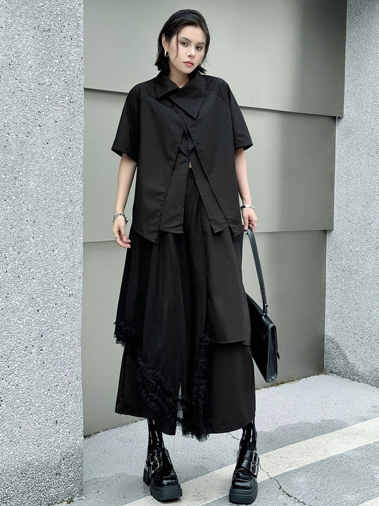 Big Size Black Irregular Shirt Mesh Pants Two Piece Suit New Lapel Short Sleeve Women Fashion Spring Summer 2025 1DJ1371