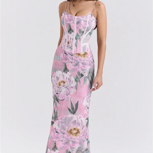 Load image into Gallery viewer, Pink Floral Sexy Maxi Dress Women Gown Spaghetti Strap Sleeveless Backless Elegant Evening Club Party Long Dress
