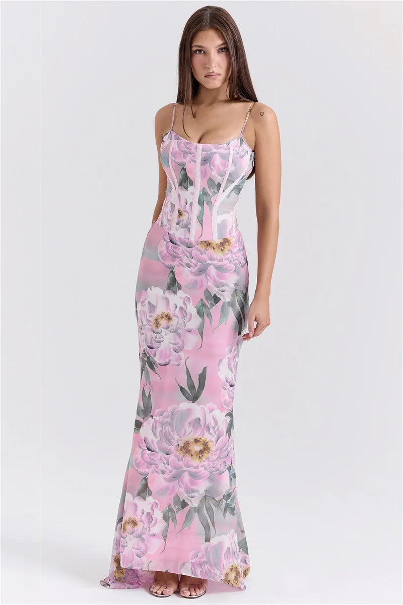 Pink Floral Sexy Maxi Dress Women Gown Spaghetti Strap Sleeveless Backless Elegant Evening Club Party Long Dress