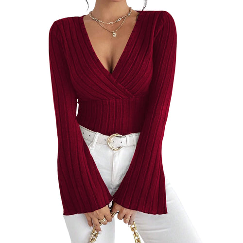 Load image into Gallery viewer, y2k Knitted T Shirts Sexy Women Clothes Solid Color Deep V Neck Flared Long Sleeve Ribbed Tops Clothing Club Streetwear
