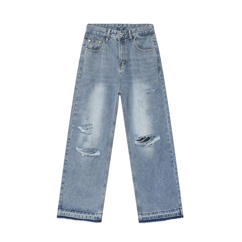 Trendy Men's Straight Jeans Worn-out Hole Design Autumn New Streetwear American Style Wide Leg Denim Pants Spring 9C5979