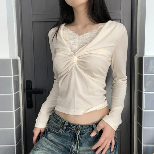 Load image into Gallery viewer, Korean Fashion Folds Tshirts Women Slim Long Sleeve Cutecore Twisted Lace Trim Top Tee Japanese Y2K Preppy Style 2024
