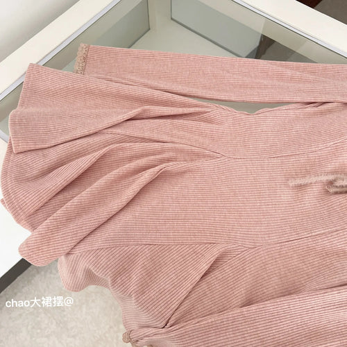 Load image into Gallery viewer, Autumn Winter Women Sweet Pink Lace-up Round Neck Long Sleeved Pleated Short Dress 2024 Sexy Elegant High Waist Mini Knit Dress
