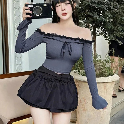 Load image into Gallery viewer, Cute Off Shoulder Flare Sleeve Fitted Shirts Y2k Coquett Tops for Women Japanese 2000s Style Kawaii Clothes P85-BF20
