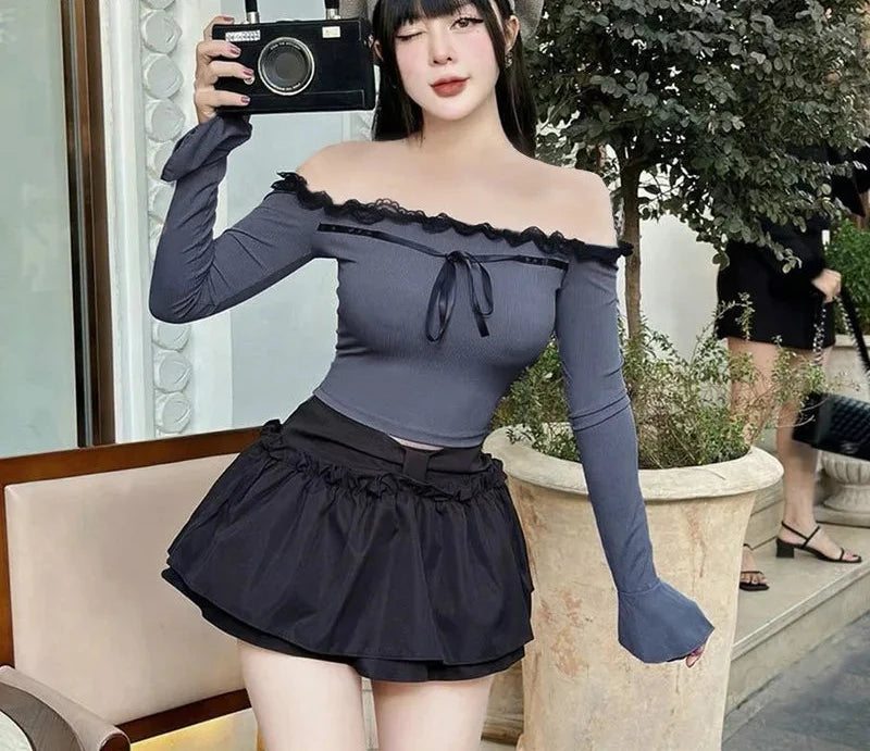 Cute Off Shoulder Flare Sleeve Fitted Shirts Y2k Coquett Tops for Women Japanese 2000s Style Kawaii Clothes P85-BF20