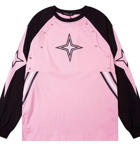 Men Sports Oversize T-Shirts Y2K Streetwear Hip Hop Star Print Patchwork Long Sleeve Cotton Tshirt Harajuku Loose Cotton Tops