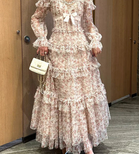 Hit Color Printing Slimming Dresses For Women Square Neck Long Sleeve  High Waist Temperament Long Dress Female New