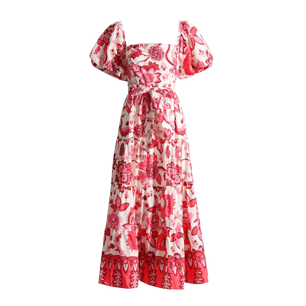 Print Summer Dresses For Women Square Collar Puff Sleeve High Waist A Line Off Shoulder Dress Female Fashion