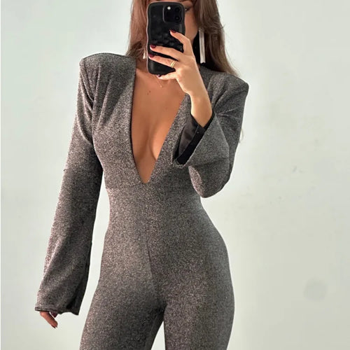 Load image into Gallery viewer, Sexy Deep V-long Sleeved Jumpsuit Women Sparkling High Waisted Flared Pants Elegant Club Jumpsuit Winter 2025 Rompers
