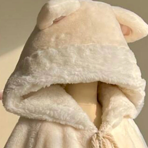 Load image into Gallery viewer, Winter Japanese Sweet Girly Lolita Cloak Coat Y2k Aesthetic Kawaii Bandage Outwear Vintage Casual Loose Cute Ears Hooded Jackets

