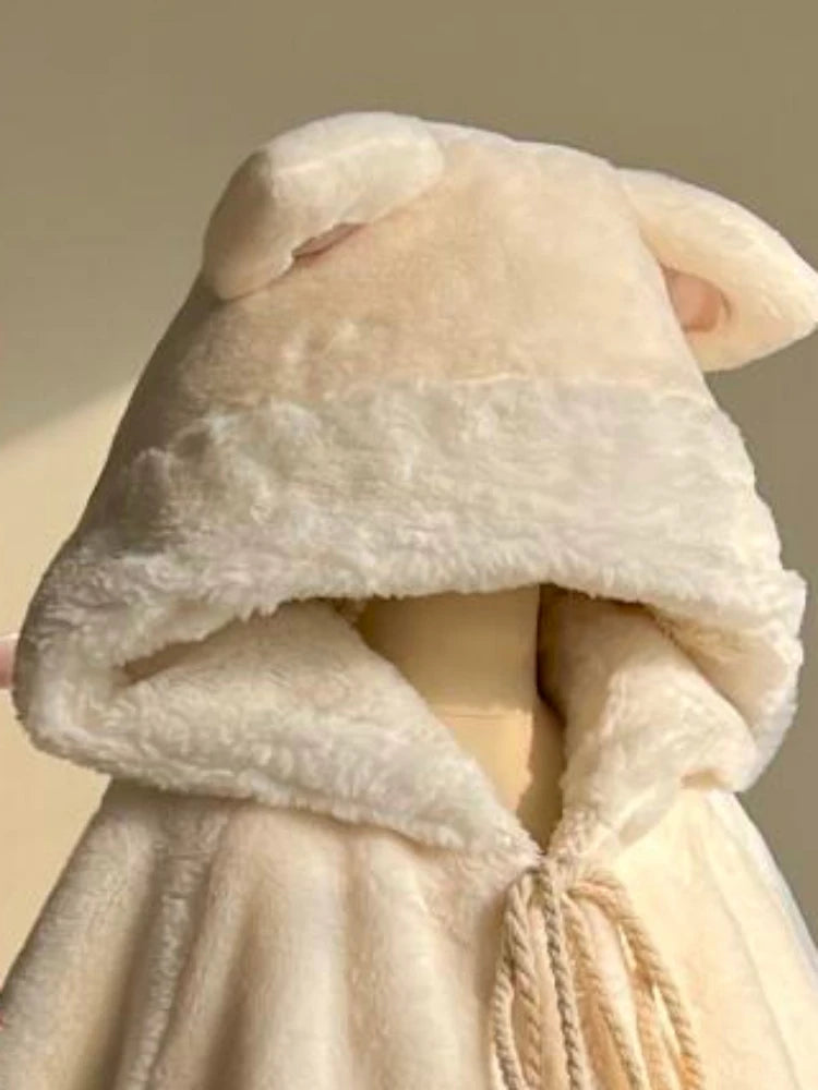 Winter Japanese Sweet Girly Lolita Cloak Coat Y2k Aesthetic Kawaii Bandage Outwear Vintage Casual Loose Cute Ears Hooded Jackets