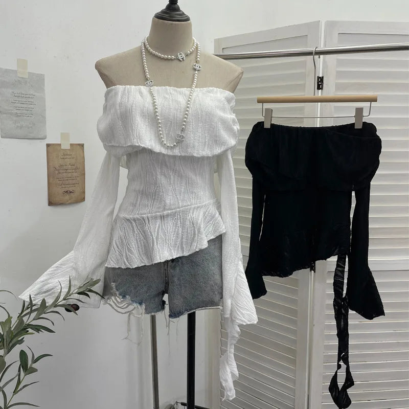 Harajuku Slash Neck Pleated Women Y2k Aesthetic Tops Y2k Aesthetic Irregular Ruffled T-shirt Grunge Sexy Flare Sleeve Fairy Tops